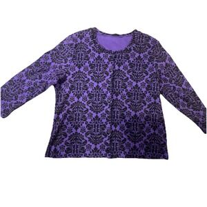 Rafaella Cardigan Sweater. Purple&Black Floral Pattern. Beaded Neck. Size PL